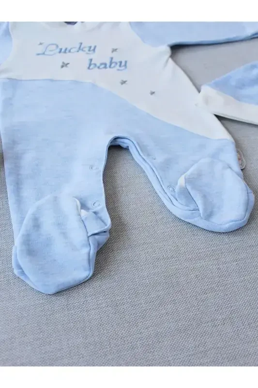 Lucky Baby Вышитый Комбинезон для Мальчика с Эс Линией и Шапкой Голубой - 3