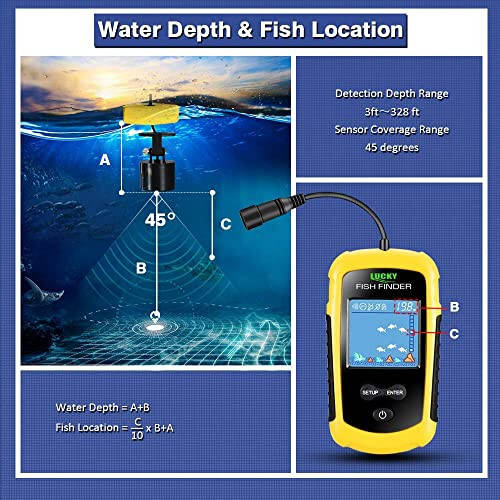 LUCKY Kayak Portable Fish Depth Finder Water Handheld Fish Finder Sonar Castable Kayak Boat Fishfinder Transducer Fishing LCD Display FFC1108 - 9