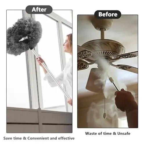 LUCKY-M Ceiling Fan Cleaner Duster, Removable Microfiber Ceiling Fan Blade Cleaner Reusable Duster with Extension Pole Adjusts 13 to 57.1 in for Cleaning Bookshelves Wall Door Window Top(Grey) - 3