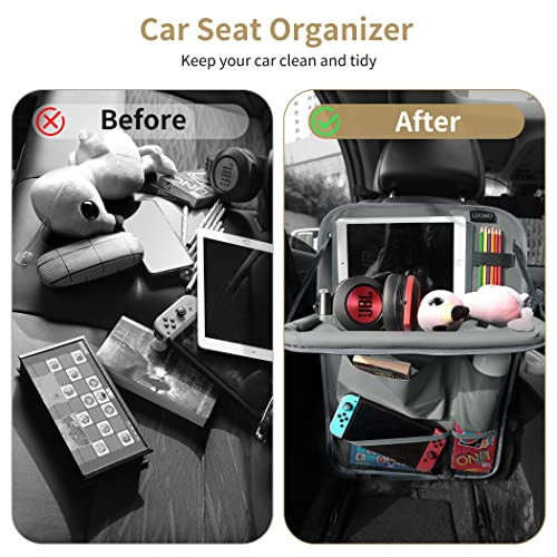 LUCMO Car Backseat Organizer with Tablet Holder, 6 Storage Pockets Car Storage Organizer with Foldable Food Tray, Car Seat Back Protectors Kick Mats Travel Accessories - Grey - 2