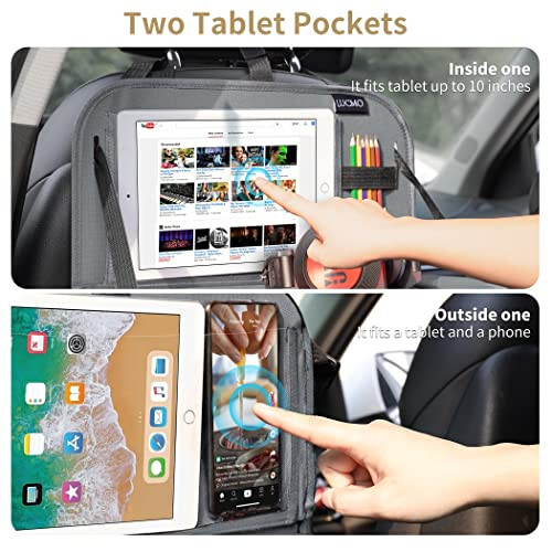 LUCMO Car Backseat Organizer with Tablet Holder, 6 Storage Pockets Car Storage Organizer with Foldable Food Tray, Car Seat Back Protectors Kick Mats Travel Accessories - Grey - 3