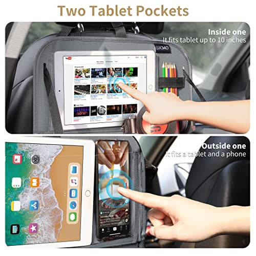 LUCMO Car Backseat Organizer with Tablet Holder, 6 Storage Pockets Car Storage Organizer with Foldable Food Tray, Car Seat Back Protectors Kick Mats Travel Accessories - Grey - 3