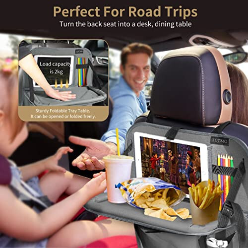 LUCMO Car Backseat Organizer with Tablet Holder, 6 Storage Pockets Car Storage Organizer with Foldable Food Tray, Car Seat Back Protectors Kick Mats Travel Accessories - Grey - 4