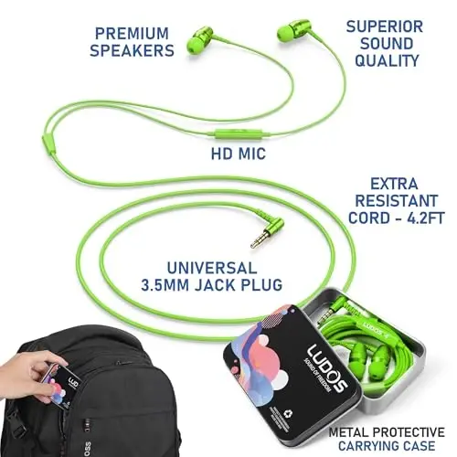LUDOS OMNITONE Wired Earbuds in-Ear Headphones, 5 Year Warranty, Earphones with Microphone, 3.5 mm Jack Corded Ear Buds, Videoconference for iPhone, Samsung, Laptop, Kids, School Students - Green - 2