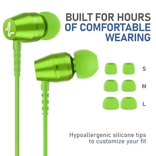 LUDOS OMNITONE Wired Earbuds in-Ear Headphones, 5 Year Warranty, Earphones with Microphone, 3.5 mm Jack Corded Ear Buds, Videoconference for iPhone, Samsung, Laptop, Kids, School Students - Green - 6