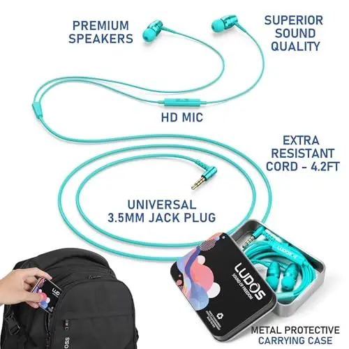 LUDOS OMNITONE Wired Earbuds in-Ear Headphones, 5 Year Warranty, Earphones with Microphone, 3.5 mm Jack Corded Ear Buds, Videoconference for iPhone, Samsung, Laptop, Kids, School Students - Turquoise - LUDOS (1)