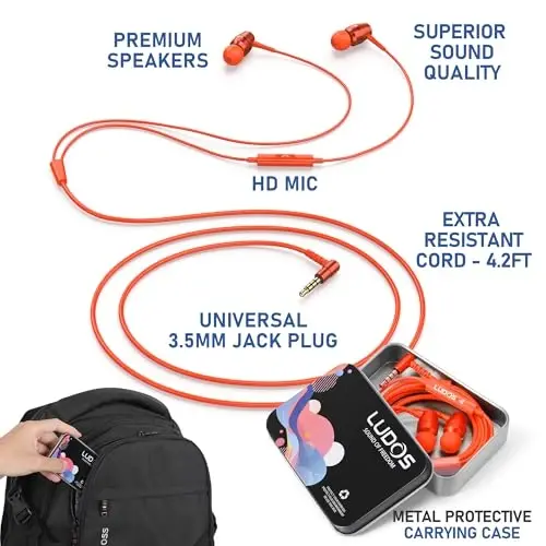 LUDOS OMNITONE Wired Earbuds in-Ear Headphones, 5 Year Warranty, Earphones with Microphone, 3.5 mm Jack Corded Ear Buds, Videoconference for iPhone, Samsung, Laptop, Kids, School Students - Coral - LUDOS (1)