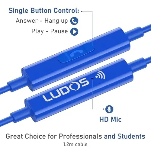 LUDOS OMNITONE Wired Earbuds in-Ear Headphones, 5 Year Warranty, Earphones with Microphone, 3.5 mm Jack Corded Ear Buds, Videoconference for iPhone, Samsung, Laptop, Kids, School Students - Blue - 3