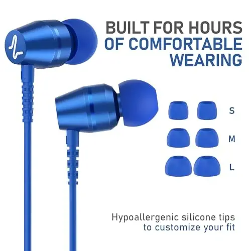 LUDOS OMNITONE Wired Earbuds in-Ear Headphones, 5 Year Warranty, Earphones with Microphone, 3.5 mm Jack Corded Ear Buds, Videoconference for iPhone, Samsung, Laptop, Kids, School Students - Blue - 6