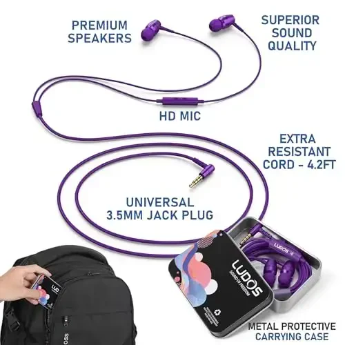 LUDOS OMNITONE Wired Earbuds in-Ear Headphones, 5 Years Warranty, Earphones with Microphone, 3.5 mm Jack Corded Ear Buds, Videoconference for iPhone, Samsung, Laptop, Kids, School Students - Purple - 2