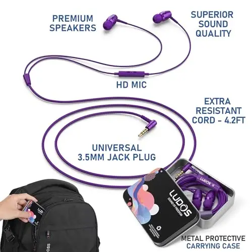 LUDOS OMNITONE Wired Earbuds in-Ear Headphones, 5 Year Warranty, Earphones with Microphone, 3.5 mm Jack Corded Ear Buds, Videoconference for iPhone, Samsung, Laptop, Kids, School Students - Purple - 2