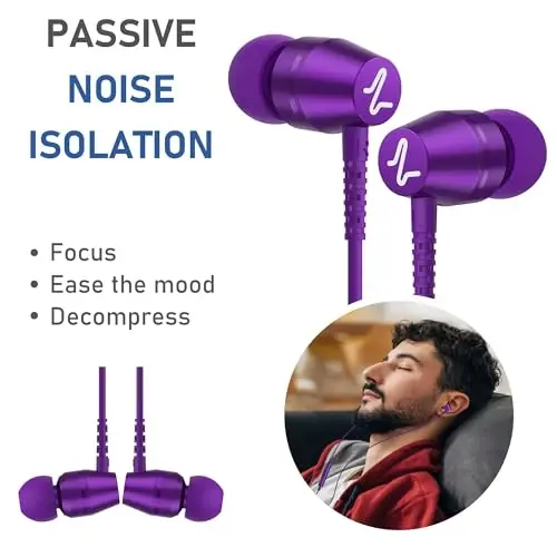 LUDOS OMNITONE Wired Earbuds in-Ear Headphones, 5 Year Warranty, Earphones with Microphone, 3.5 mm Jack Corded Ear Buds, Videoconference for iPhone, Samsung, Laptop, Kids, School Students - Purple - 5