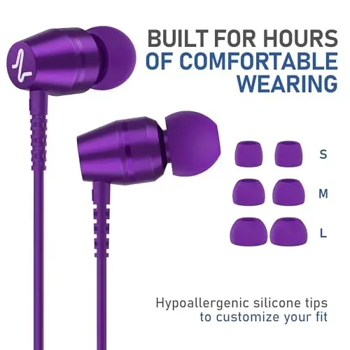 LUDOS OMNITONE Wired Earbuds in-Ear Headphones, 5 Year Warranty, Earphones with Microphone, 3.5 mm Jack Corded Ear Buds, Videoconference for iPhone, Samsung, Laptop, Kids, School Students - Purple - 6