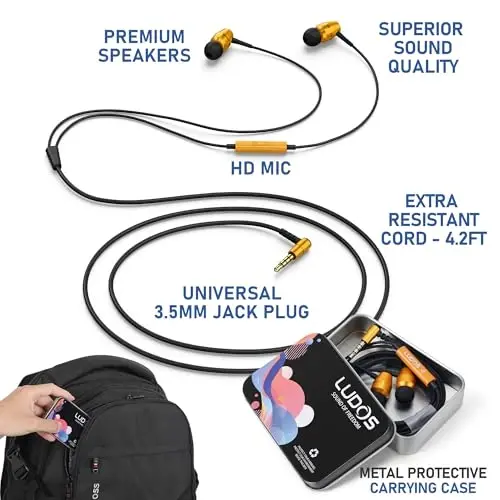 LUDOS OMNITONE Wired Earbuds in-Ear Headphones, 5 Year Warranty, Earphones with Microphone, 3.5 mm Jack Corded Ear Buds, Videoconference for iPhone, Samsung, Laptop, Kids, School Students - Gold - 2