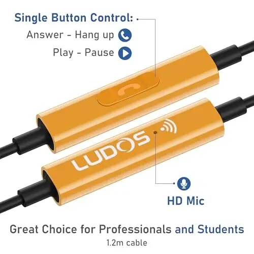 LUDOS OMNITONE Wired Earbuds in-Ear Headphones, 5 Year Warranty, Earphones with Microphone, 3.5 mm Jack Corded Ear Buds, Videoconference for iPhone, Samsung, Laptop, Kids, School Students - Gold - 3