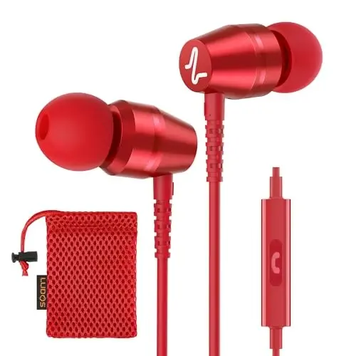 LUDOS OMNITONE Wired Earbuds in-Ear Headphones, 5 Year Warranty, Earphones with Microphone, 3.5 mm Jack Corded Ear Buds, Videoconference for iPhone, Samsung, Laptop, Kids, School Students - Red - 1