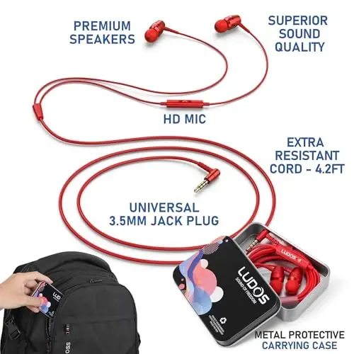 LUDOS OMNITONE Wired Earbuds in-Ear Headphones, 5 Year Warranty, Earphones with Microphone, 3.5 mm Jack Corded Ear Buds, Videoconference for iPhone, Samsung, Laptop, Kids, School Students - Red - 2