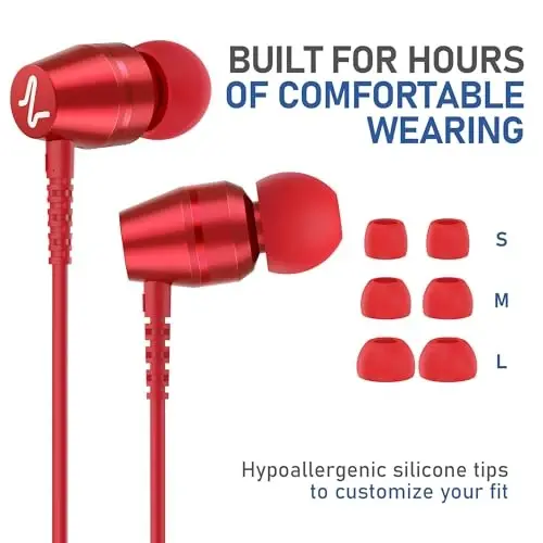 LUDOS OMNITONE Wired Earbuds in-Ear Headphones, 5 Year Warranty, Earphones with Microphone, 3.5 mm Jack Corded Ear Buds, Videoconference for iPhone, Samsung, Laptop, Kids, School Students - Red - 6