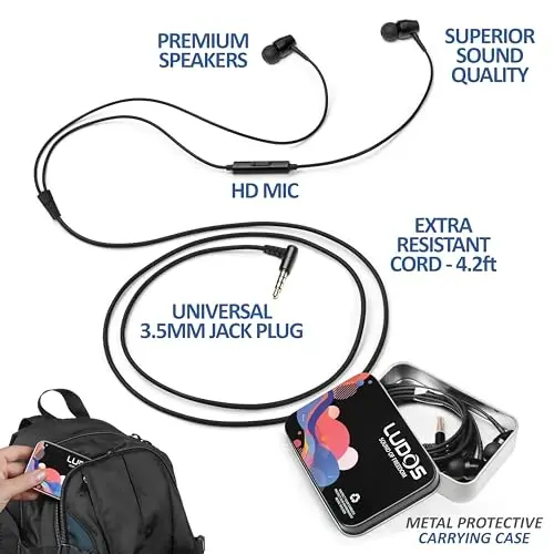 LUDOS OMNITONE Wired Earbuds in-Ear Headphones, 5 Year Warranty, Earphones with Microphone, 3.5 mm Jack Corded Ear Buds, Videoconference for iPhone, Samsung, Computer, Laptop, Kids, School Students 