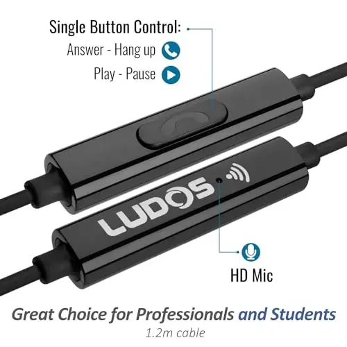 LUDOS OMNITONE Wired Earbuds in-Ear Headphones, 5 Year Warranty, Earphones with Microphone, 3.5 mm Jack Corded Ear Buds, Videoconference for iPhone, Samsung, Laptop, Kids, School Students - Grey - 3