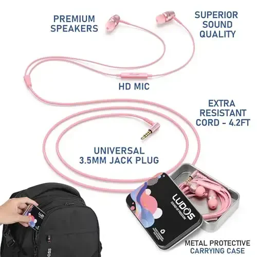 LUDOS OMNITONE Wired Earbuds in-Ear Headphones, 5 Years Warranty, Earphones with Microphone, 3.5 mm Jack Corded Ear Buds, Videoconference for iPhone, Samsung, Laptop, Kids, School Students - Pink - 2