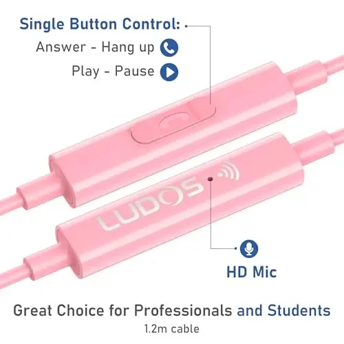 LUDOS OMNITONE Wired Earbuds in-Ear Headphones, 5 Year Warranty, Earphones with Microphone, 3.5 mm Jack Corded Ear Buds, Videoconference for iPhone, Samsung, Laptop, Kids, School Students - Pink - 3