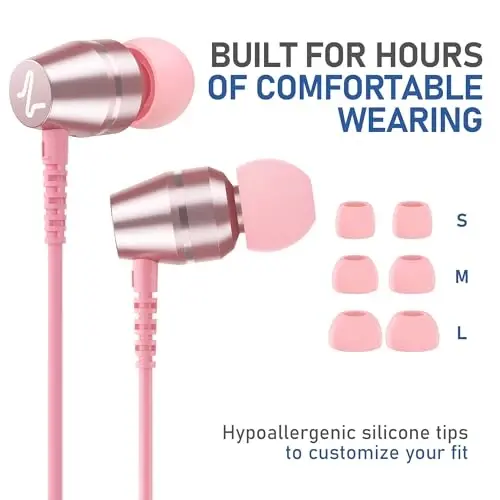 LUDOS OMNITONE Wired Earbuds in-Ear Headphones, 5 Year Warranty, Earphones with Microphone, 3.5 mm Jack Corded Ear Buds, Videoconference for iPhone, Samsung, Laptop, Kids, School Students - Pink - 6