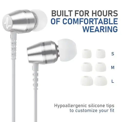 LUDOS OMNITONE Wired Earbuds in-Ear Headphones, 5 Year Warranty, Earphones with Microphone, 3.5 mm Jack Corded Ear Buds, Videoconference for iPhone, Samsung, Laptop, Kids, School Students - White - 6