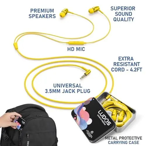 LUDOS OMNITONE Wired Earbuds in-Ear Headphones, 5 Year Warranty, Earphones with Microphone, 3.5 mm Jack Corded Ear Buds, Videoconference for iPhone, Samsung, Laptop, Kids, School Students - Yellow - 2