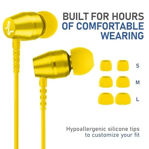 LUDOS OMNITONE Wired Earbuds in-Ear Headphones, 5 Year Warranty, Earphones with Microphone, 3.5 mm Jack Corded Ear Buds, Videoconference for iPhone, Samsung, Laptop, Kids, School Students - Yellow - 6