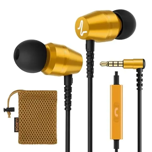 LUDOS OMNITONE Quloq ichiga simli naushniklar, 5 yillik kafolat, mikrofonli naushniklar, 3,5 mm Jek simli quloqchinlar, iPhone, Samsung, noutbuk, bolalar, maktab o'quvchilari uchun videokonferentsiya - Oltin 