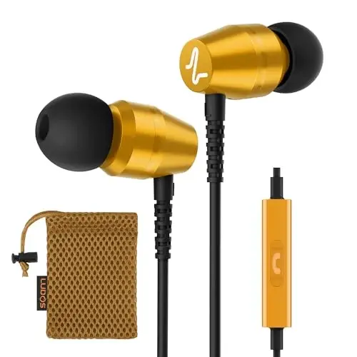 LUDOS OMNITONE Quloq ichiga simli naushniklar, 5 yillik kafolat, mikrofonli naushniklar, 3,5 mm Jek simli quloqchinlar, iPhone, Samsung, noutbuk, bolalar, maktab o'quvchilari uchun videokonferentsiya - Oltin - 1