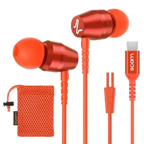 LUDOS OMNITONE USB C Headphones for iPhone 16 15 Pro Max Plus iPad Pro, 5 Years Warranty, USB-C Earbuds for Galaxy S24 S23 Ultra S22 S21 S20 A55 A54 A53, USB Type C Earphones - Coral - 1