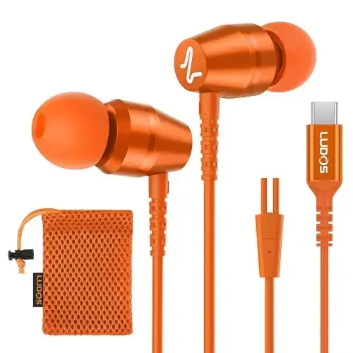 LUDOS OMNITONE USB C Headphones for iPhone 16 15 Pro Max Plus iPad Pro, 5 Years Warranty, USB-C Earbuds for Samsung Galaxy S24 S23 S22 S21 S20 A55 A54 A53, USB Type C Earphones - Orange - 1