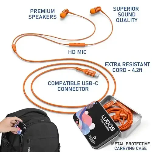 LUDOS OMNITONE USB C Headphones for iPhone 16 15 Pro Max Plus iPad Pro, 5 Years Warranty, USB-C Earbuds for Samsung Galaxy S24 S23 S22 S21 S20 A55 A54 A53, USB Type C Earphones - Orange - 3