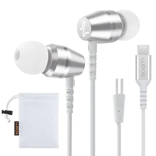 LUDOS OMNITONE USB C Headphones for iPhone 16 15 Pro Max Plus iPad Pro, 5 Years Warranty, USB-C Earbuds for Samsung Galaxy S24 S23 Ultra S22 S21 FE S20 A55 A54 A53, USB Type C Earphones - White - 1