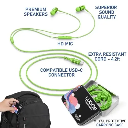 LUDOS OMNITONE USB C Headphones for iPhone 16 15 Pro Max Plus iPad Pro, 5 Years Warranty, USB-C Earbuds for Samsung Galaxy S24 S23 Ultra S22 S21 S20 A55 A54 A53, USB Type C Earphones - Green - 2