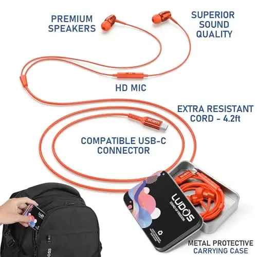 LUDOS OMNITONE USB C Headphones for iPhone 16 15 Pro Max Plus iPad Pro, 5 Years Warranty, USB-C Earbuds for Galaxy S24 S23 Ultra S22 S21 S20 A55 A54 A53, USB Type C Earphones - Coral - 2