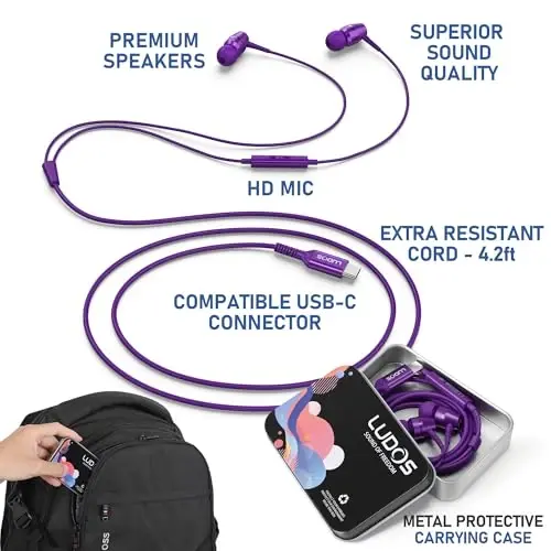 LUDOS OMNITONE USB C Headphones for iPhone 16 15 Pro Max Plus iPad Pro, 5 Years Warranty, USB-C Earbuds for Samsung Galaxy S24 S23 S22 S21 S20 A55 A54 A53, USB Type C Earphones - Purple - 2