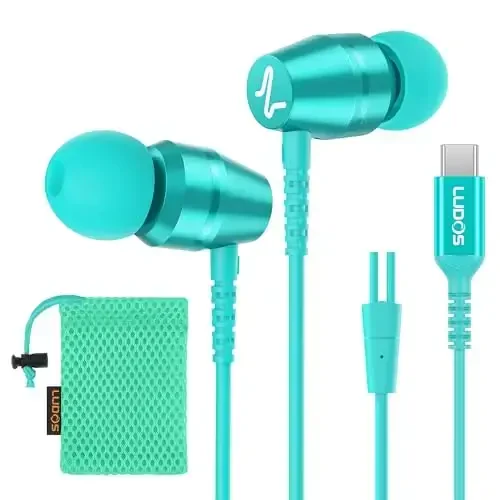LUDOS OMNITONE USB C Headphones for iPhone 16 15 Pro Max Plus iPad Pro, 5 Years Warranty, USB-C Earbuds for Samsung Galaxy S24 S23 S22 S21 S20 A55 A54 A53, USB Type C Earphones - Turquoise - 1