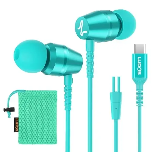 LUDOS OMNITONE USB C Headphones for iPhone 16 15 Pro Max Plus iPad Pro, 5 Years Warranty, USB-C Earbuds for Samsung Galaxy S24 S23 S22 S21 S20 A55 A54 A53, USB Type C Earphones - Turquoise 