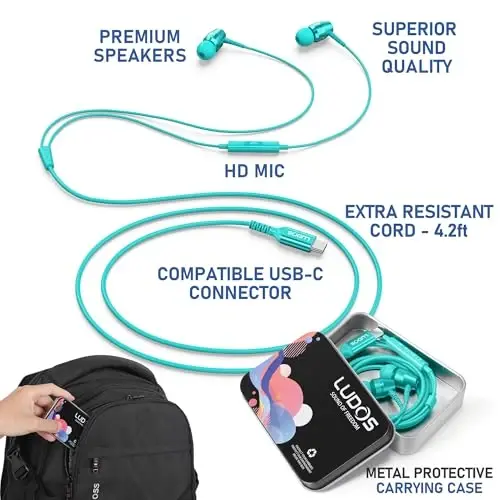 LUDOS OMNITONE USB C Headphones for iPhone 16 15 Pro Max Plus iPad Pro, 5 Years Warranty, USB-C Earbuds for Samsung Galaxy S24 S23 S22 S21 S20 A55 A54 A53, USB Type C Earphones - Turquoise - 2