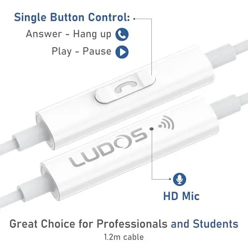 LUDOS OMNITONE USB C Headphones for iPhone 16 15 Pro Max Plus iPad Pro, 5 Years Warranty, USB-C Earbuds for Samsung Galaxy S24 S23 Ultra S22 S21 FE S20 A55 A54 A53, USB Type C Earphones - White - 3