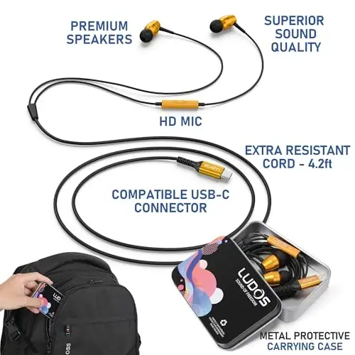 LUDOS OMNITONE USB C Headphones for iPhone 16 15 Pro Max Plus iPad Pro, 5 Years Warranty, USB-C Earbuds for Samsung Galaxy S24 S23 Ultra S22 S21 S20 A55 A54 A53, USB Type C Earphones - Gold - 2