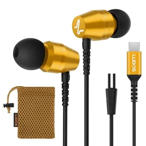 LUDOS OMNITONE USB C Headphones for iPhone 16 15 Pro Max Plus iPad Pro, 5 Years Warranty, USB-C Earbuds for Samsung Galaxy S24 S23 Ultra S22 S21 S20 A55 A54 A53, USB Type C Earphones - Gold - LUDOS
