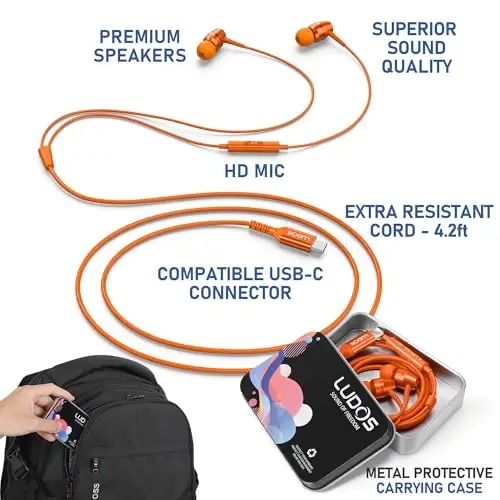 LUDOS OMNITONE USB C iPhone 16 15 Pro Max Plus iPad Pro uchun naushniklar, 5 yil kafolat, Samsung Galaxy S24 S23 S22 S21 S20 A55 A54 A53 uchun USB-C quloqchinlar, USB Type C naushniklar - Apelsin - 2