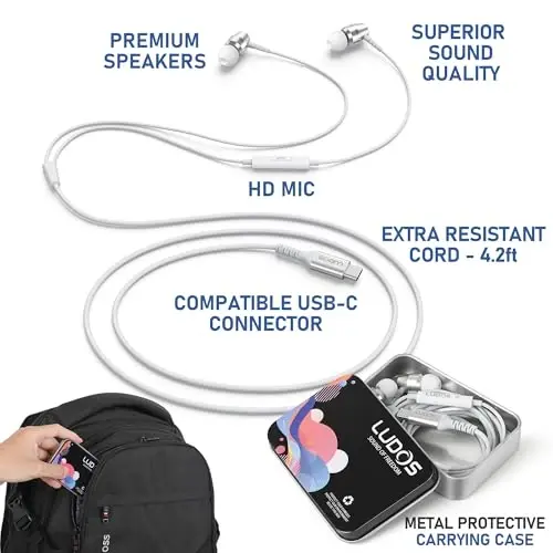 LUDOS OMNITONE USB C iPhone 16 15 Pro Max Plus iPad Pro uchun naushniklar, 5 yil kafolat, Samsung Galaxy S24 S23 Ultra S22 S21 FE S20 A55 A54 A53 uchun USB-C quloqchinlar, USB Type C naushniklar - Oq - LUDOS (1)