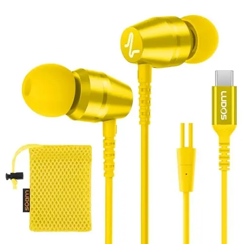 LUDOS OMNITONE USB C iPhone 16 15 Pro Max Plus iPad Pro uchun naushniklar, 5 yillik kafolat, Galaxy S24 S23 S22 S21 S20 A55 A54 A53 uchun USB-C quloqchinlari, USB Type C eshitish vositasi - Sariq 