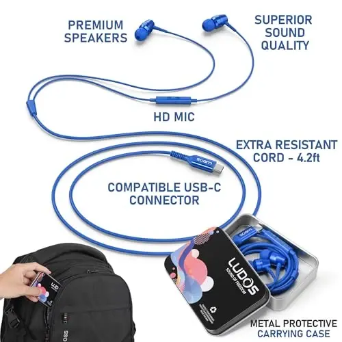 LUDOS OMNITONE USB C iPhone 16 15 Pro Max Plus iPad Pro uchun naushniklar, 5 yillik kafolat, Samsung Galaxy S24 S23 Ultra S22 S21 S20 A55 A54 A53 uchun USB-C quloqchinlar, USB Type C naushniklar - Moviy - LUDOS (1)