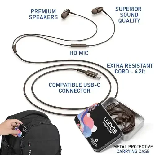 LUDOS OMNITONE USB C iPhone 16 15 Pro Max Plus iPad Pro uchun naushniklar, 5 yillik kafolat, Samsung Galaxy S24 S23 Ultra S22 S21 S20 A55 A54 A53 uchun USB-C quloqchinlar, USB Type C quloqchinlari - Jigarrang - 3